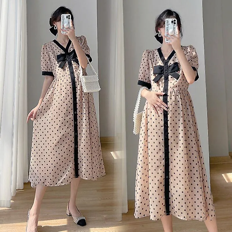 8927 # Moda coreana de verano Vestido largo de maternidad impreso con puntos Elegante Chic Ins Una línea Ropa delgada para mujer