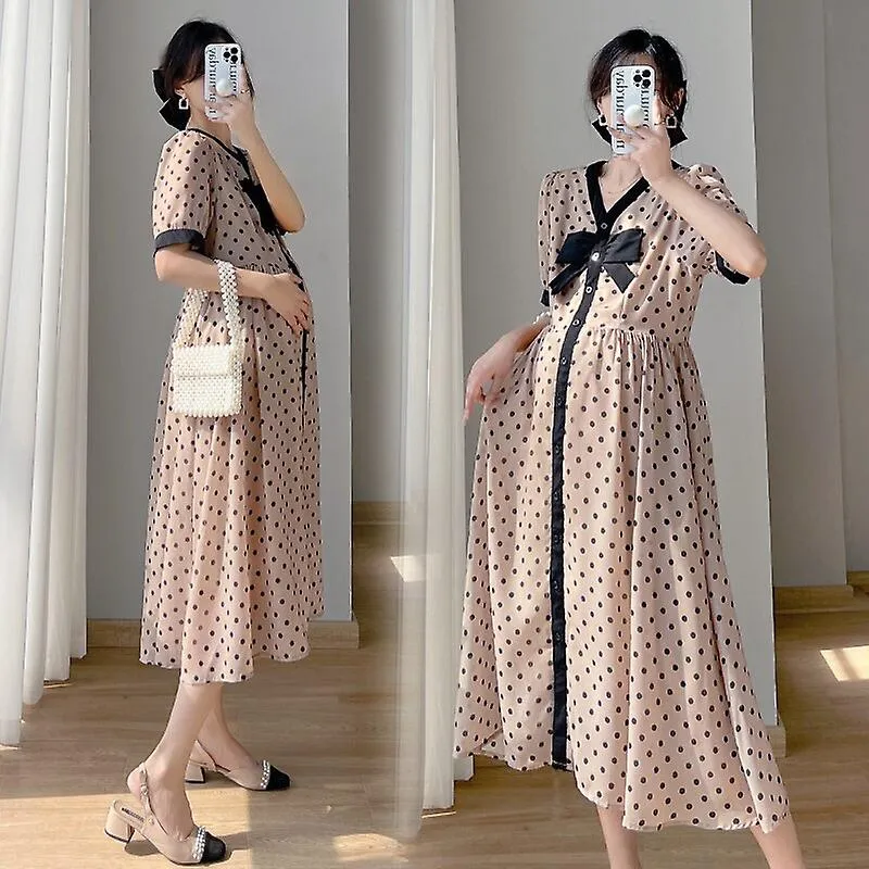 8927 # Moda coreana de verano Vestido largo de maternidad impreso con puntos Elegante Chic Ins Una línea Ropa delgada para mujer