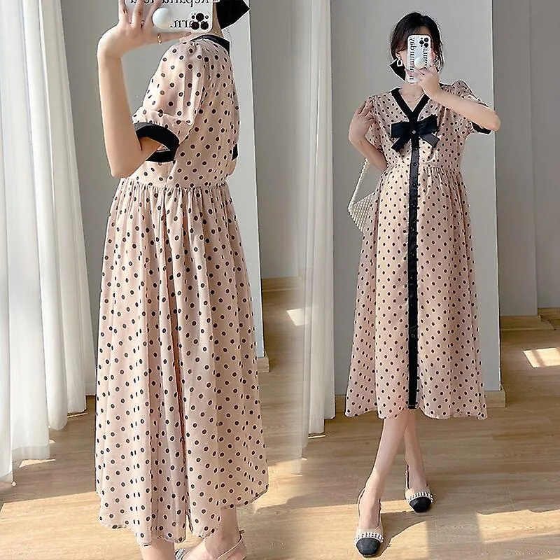 8927 # Moda coreana de verano Vestido largo de maternidad impreso con puntos Elegante Chic Ins Una línea Ropa delgada para mujer