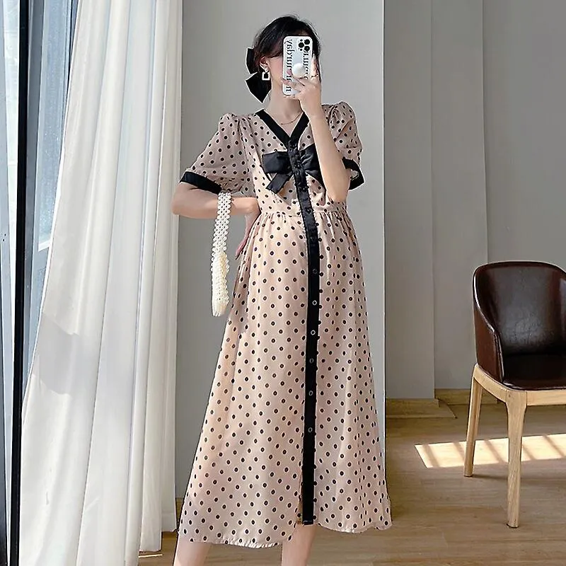 8927 # Moda coreana de verano Vestido largo de maternidad impreso con puntos Elegante Chic Ins Una línea Ropa delgada para mujer