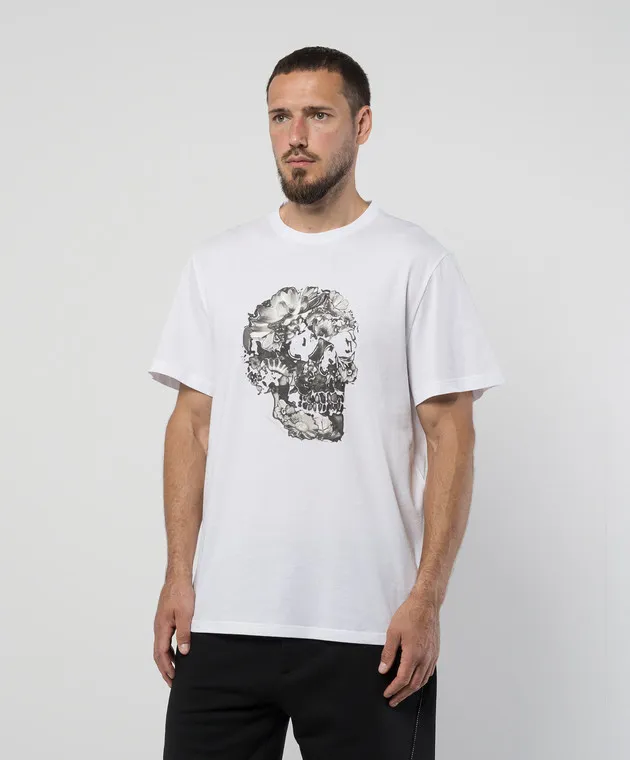 ALEXANDER MCQUEEN WHITE TSHIRT WITH WAX FLOWER SKULL PRINT