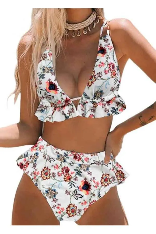 Bikini estampado volante talle alto y tirante doble