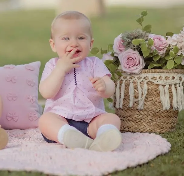 Boy set. Pink blouse and navy bloomers.