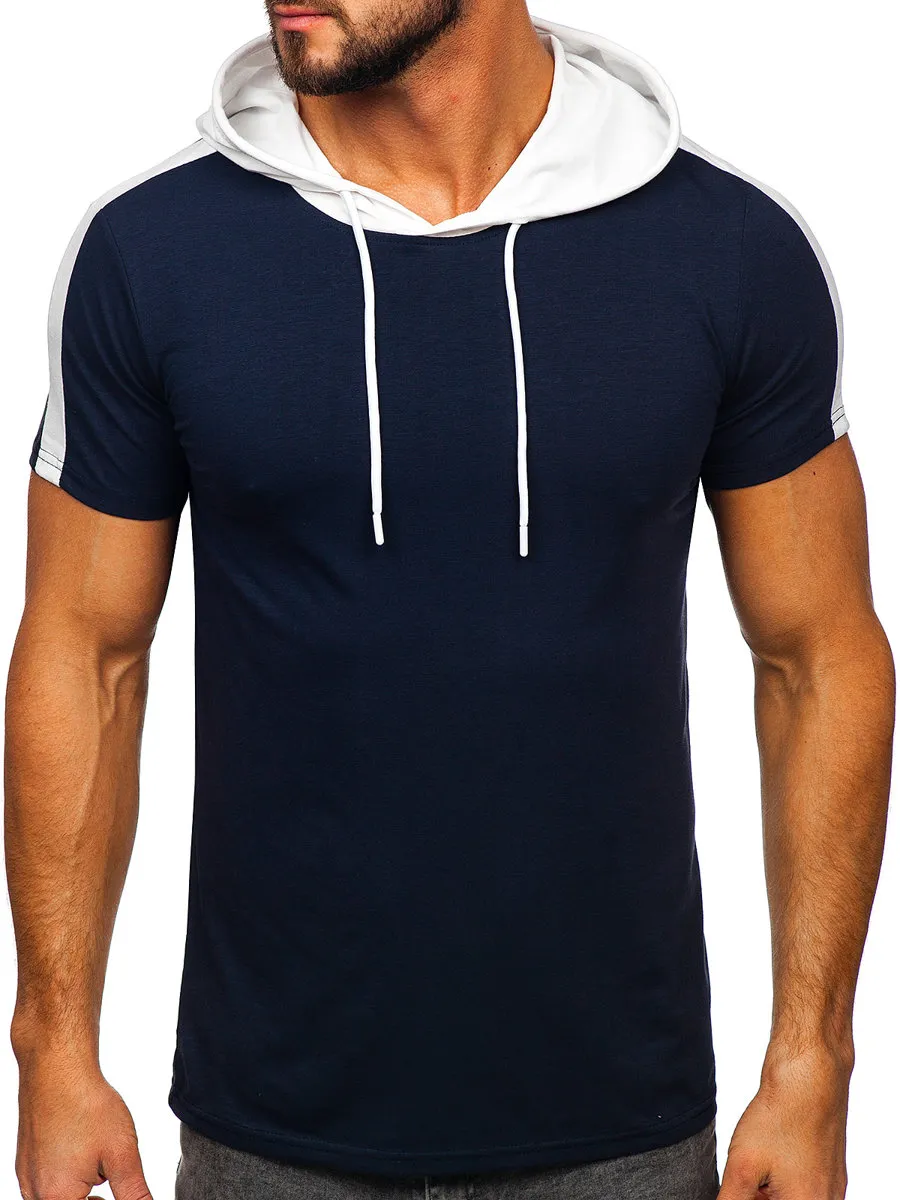 Camiseta de manga corta con capucha sin impresión para hombre azul oscuro Bolf 8T299