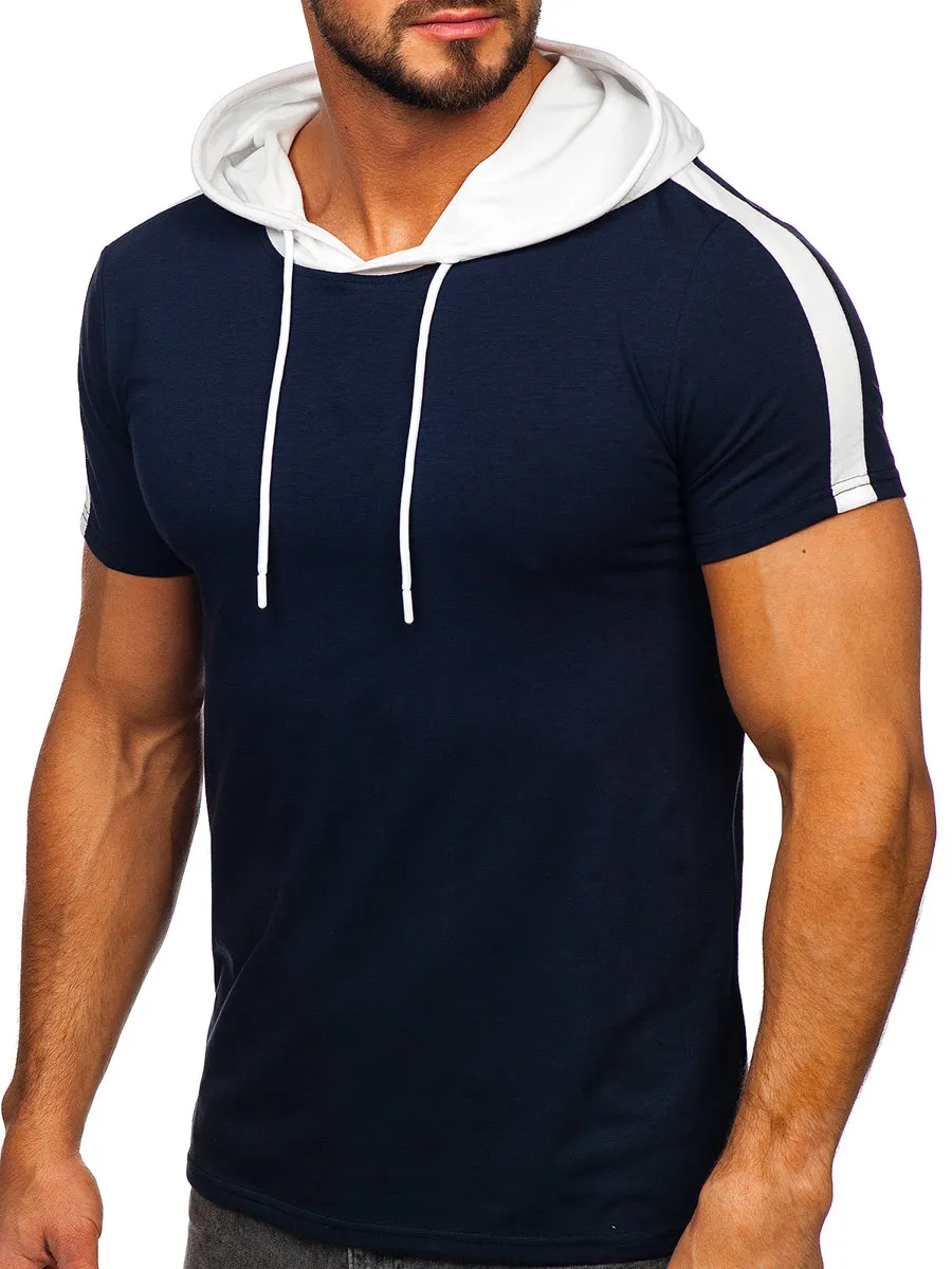 Camiseta de manga corta con capucha sin impresión para hombre azul oscuro Bolf 8T299