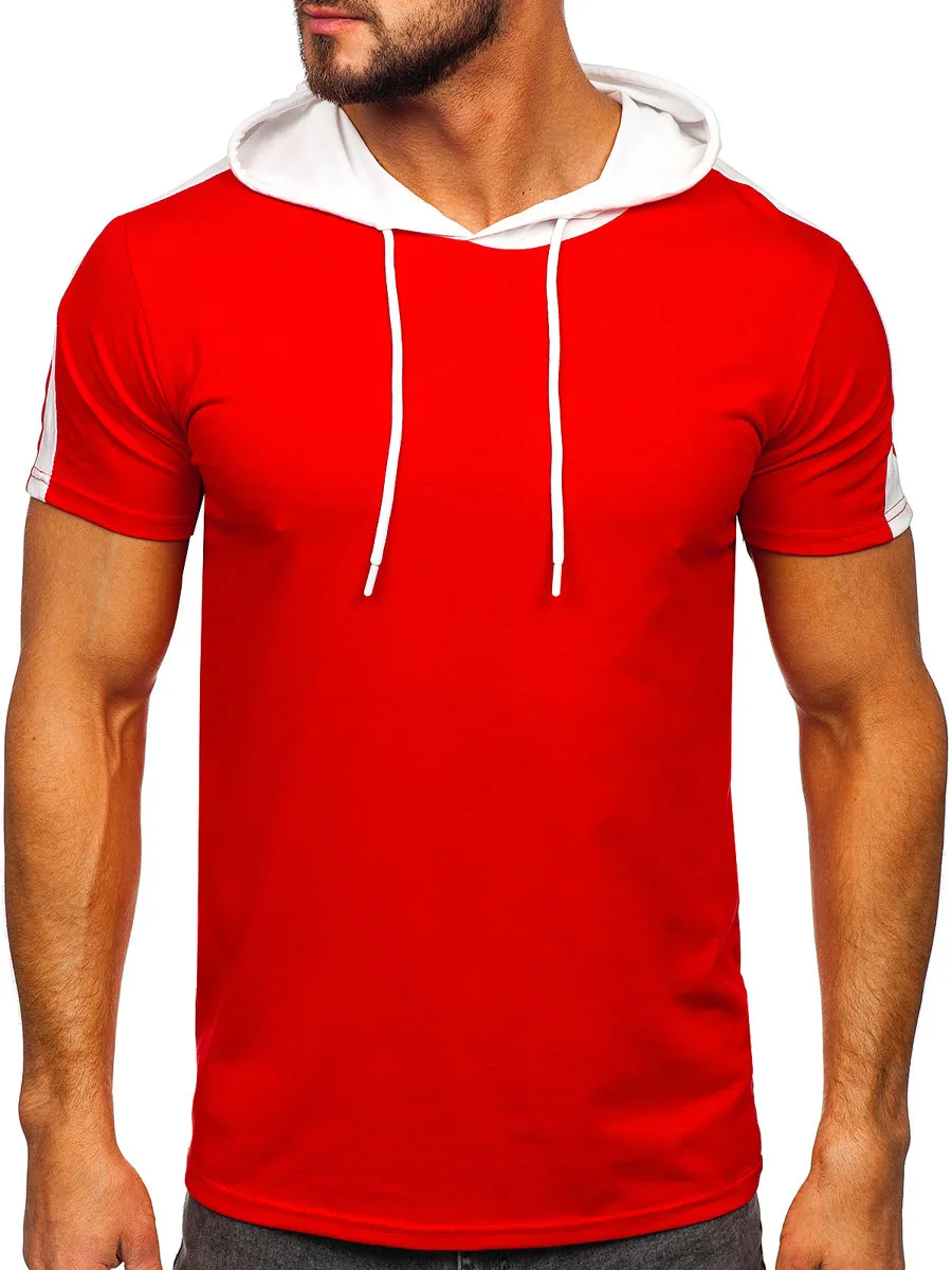 Camiseta de manga corta con capucha sin impresión para hombre rojo Bolf 8T299