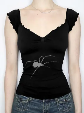 Camiseta de manga corta retro con estampado de araña