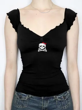 Camiseta de manga corta retro con estampado de calavera