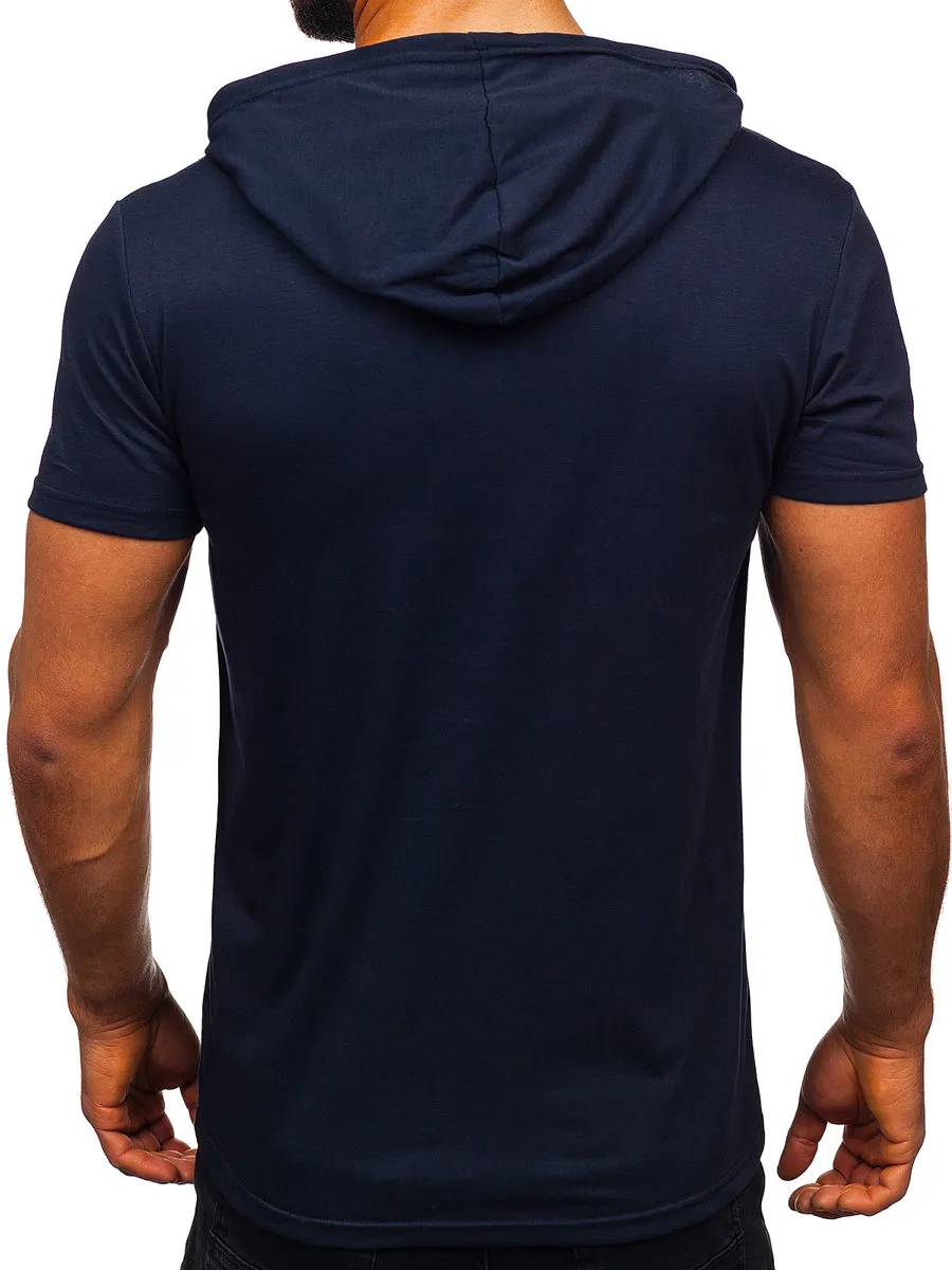 Camiseta de manga corta sin impresión con capucha para hombre azul oscuro Bolf 8T89