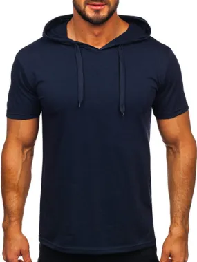 Camiseta de manga corta sin impresión con capucha para hombre azul oscuro Bolf 8T89