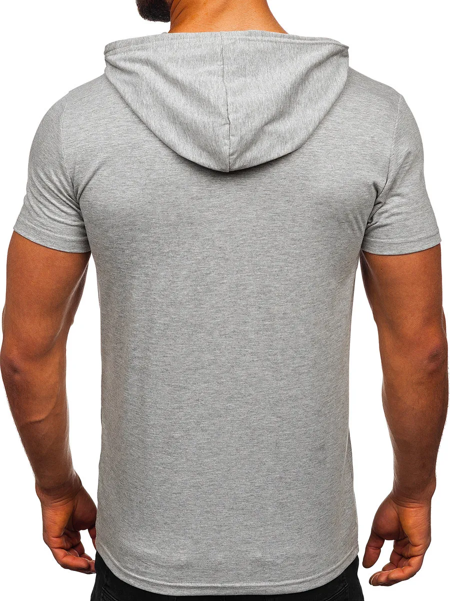 Camiseta de manga corta sin impresión con capucha para hombre gris Bolf 8T89