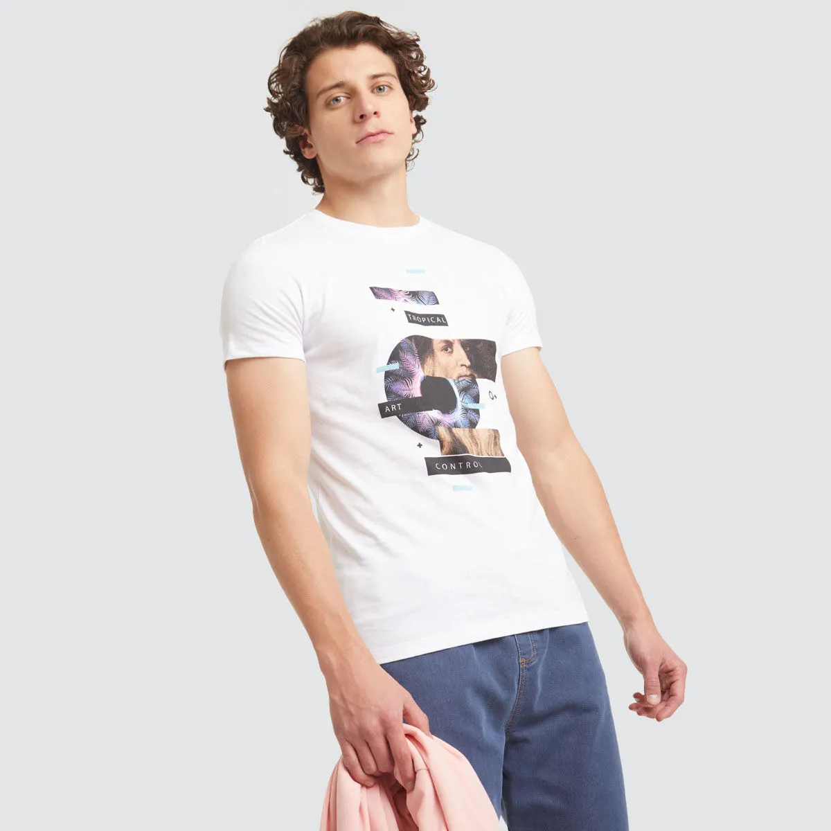 Camiseta Unicolor Con Estampado Para Hombre