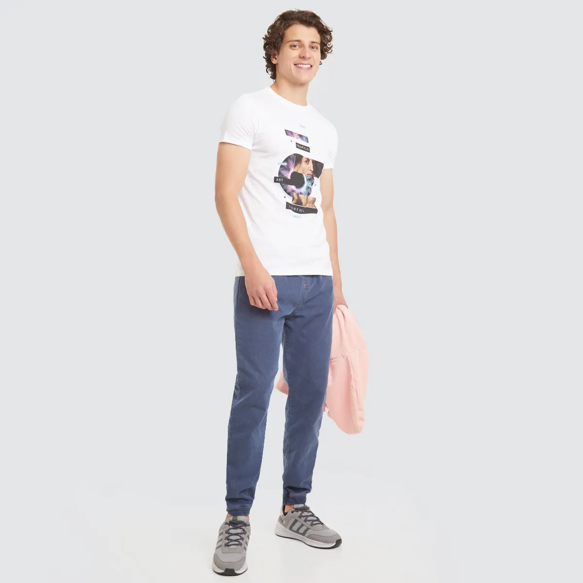 Camiseta Unicolor Con Estampado Para Hombre