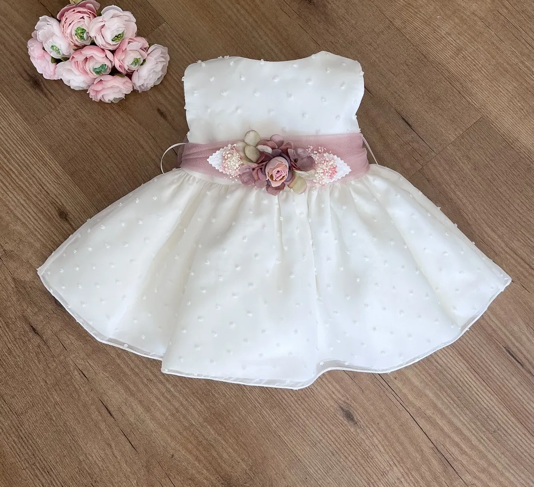 Dress for baptism or arras plumeti beige with pink or green