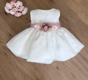 Dress for baptism or arras plumeti beige with pink or green