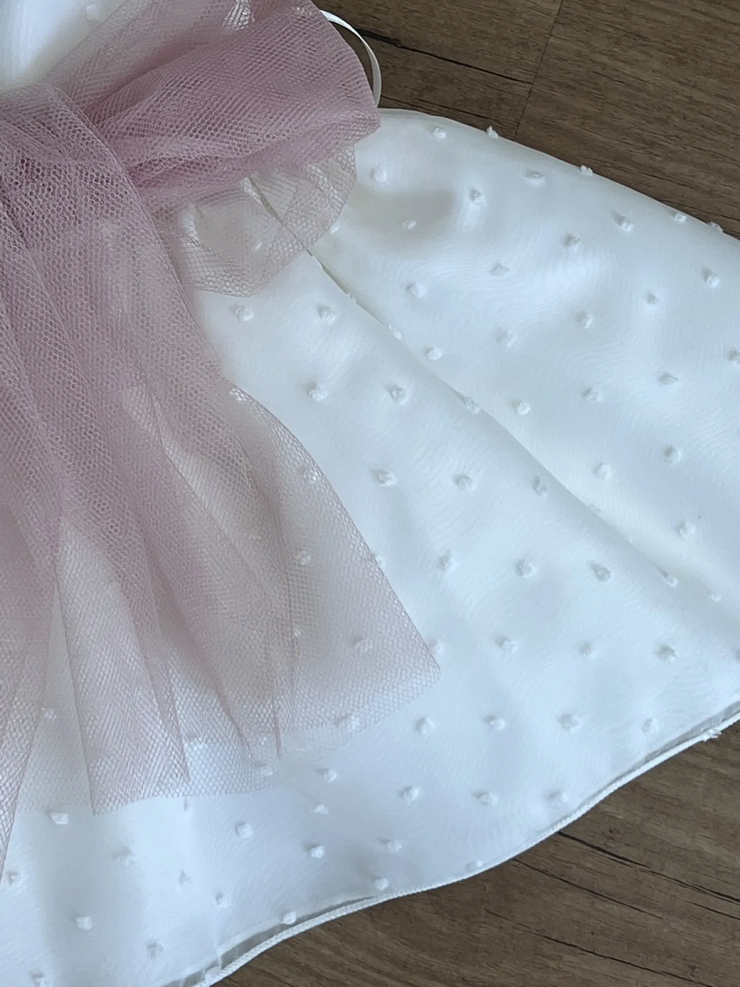 Dress for baptism or arras plumeti beige with pink or green