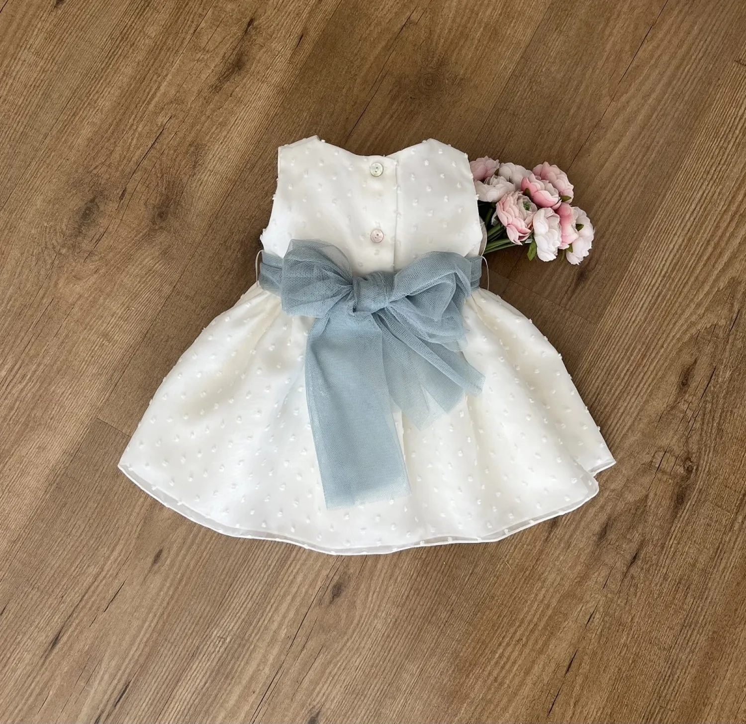 Dress for baptism or arras plumeti beige with pink or green