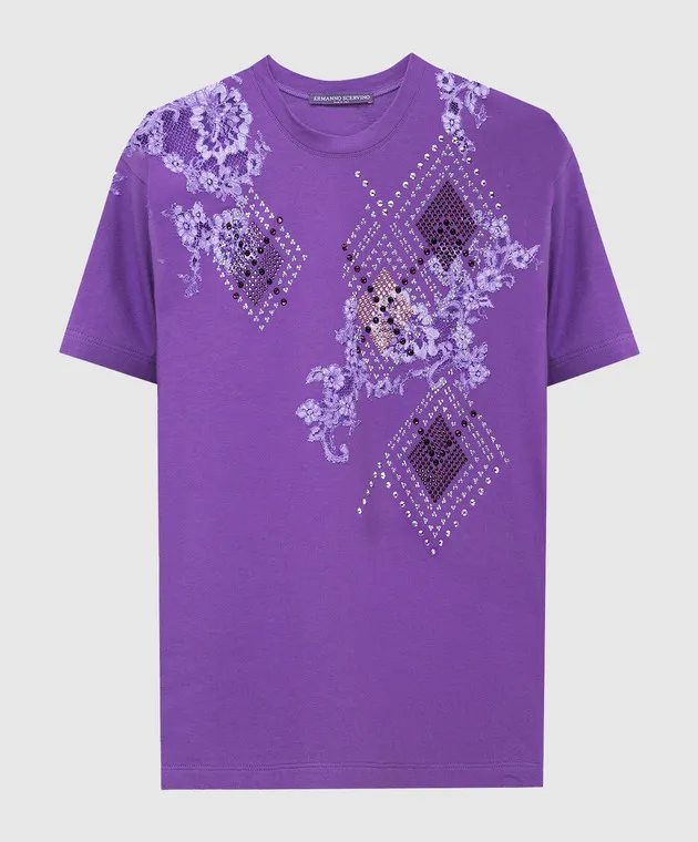 ERMANNO SCERVINO PURPLE TSHIRT WITH CRYSTALS AND LACE