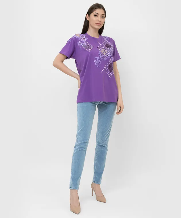 ERMANNO SCERVINO PURPLE TSHIRT WITH CRYSTALS AND LACE