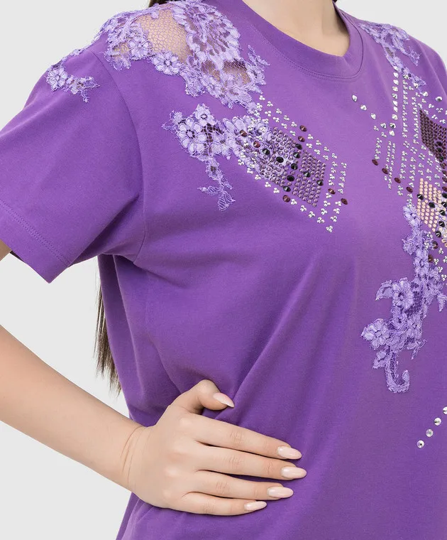 ERMANNO SCERVINO PURPLE TSHIRT WITH CRYSTALS AND LACE