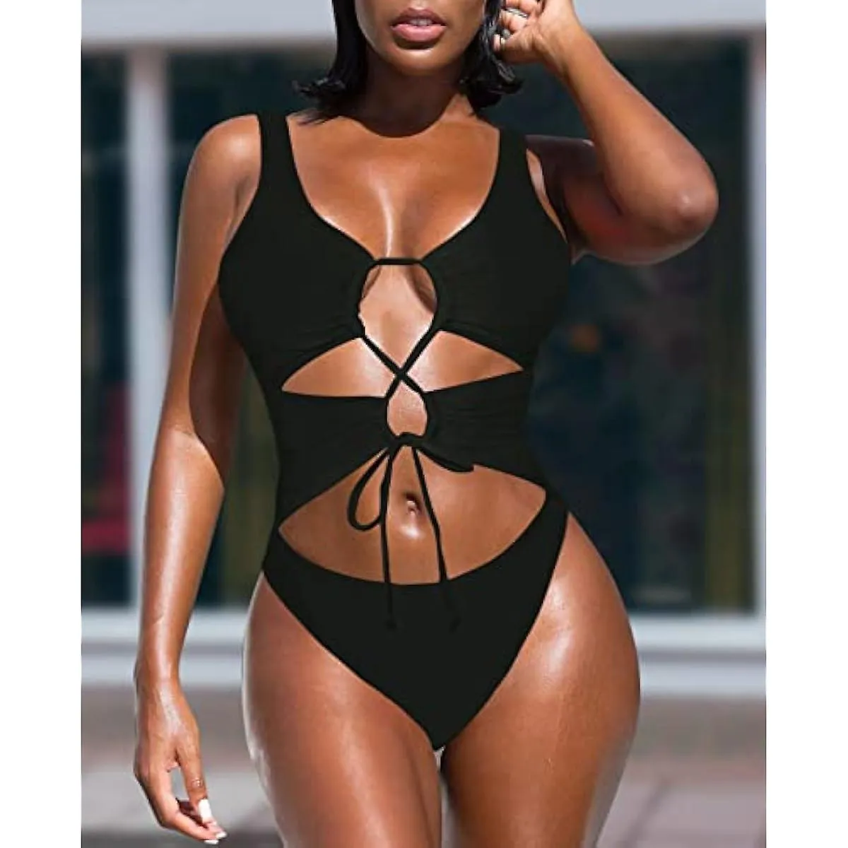 High Cut One Piece Cheeky Lace Up Swimsuit