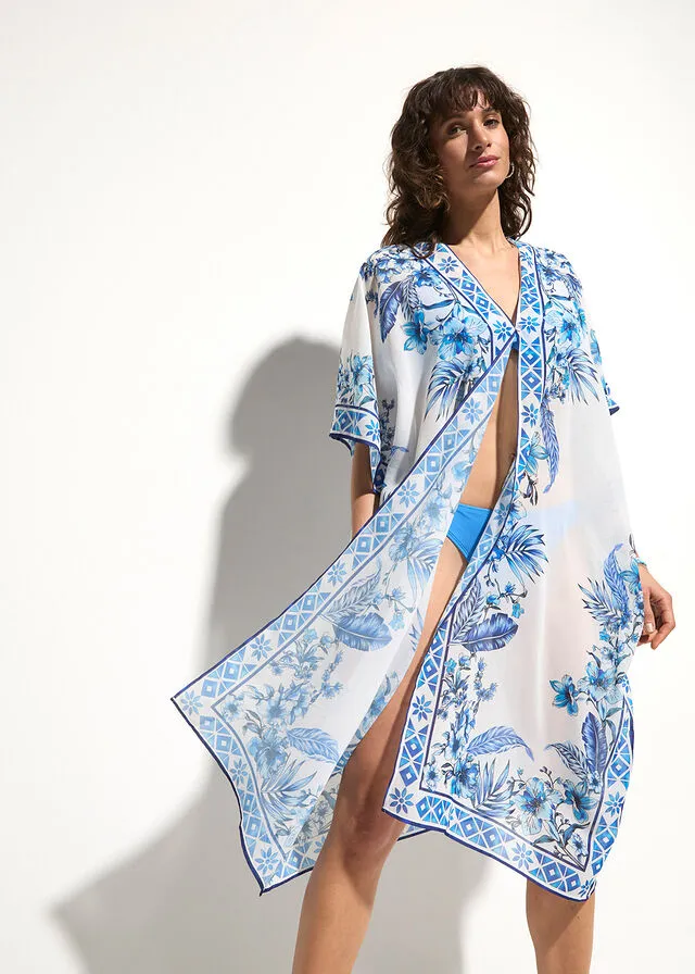 Kimono de gasa para la playa Blanco-azul