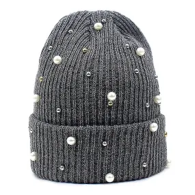 Moda Pompón Sombrero de lana de punto con perlas Cuentas Gorras para mujeres Gorro de invierno