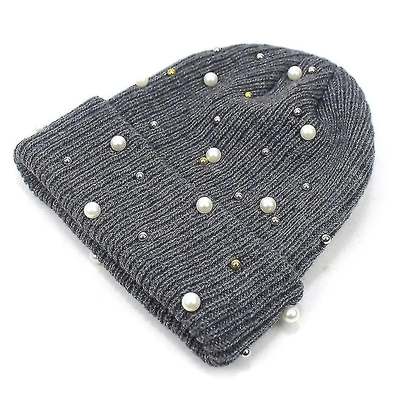 Moda Pompón Sombrero de lana de punto con perlas Cuentas Gorras para mujeres Gorro de invierno