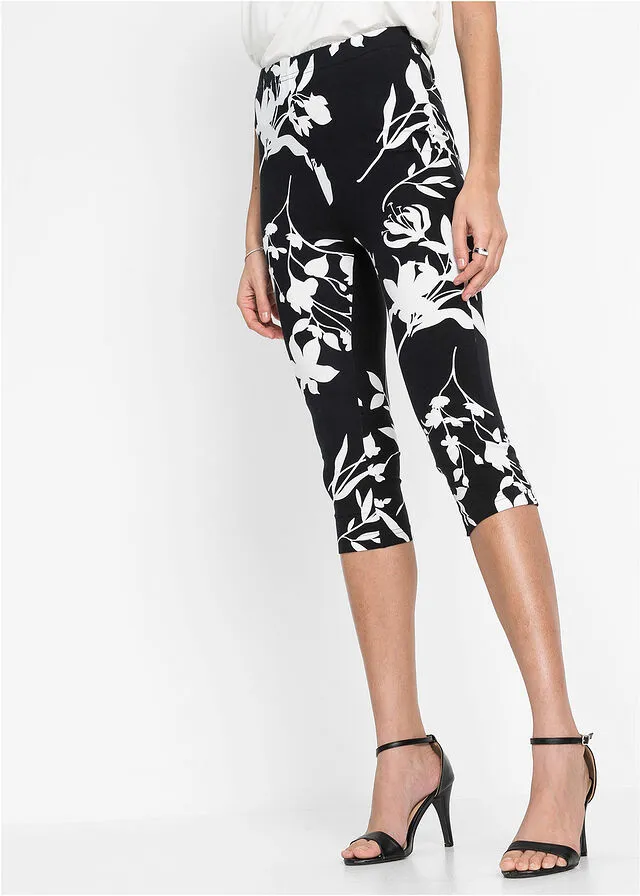 Pantalón de corte capri Negro-blanco lana de flores