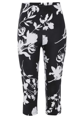 Pantalón de corte capri Negro-blanco lana de flores