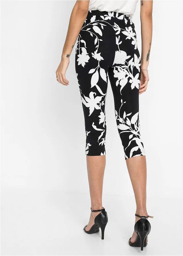 Pantalón de corte capri Negro-blanco lana de flores