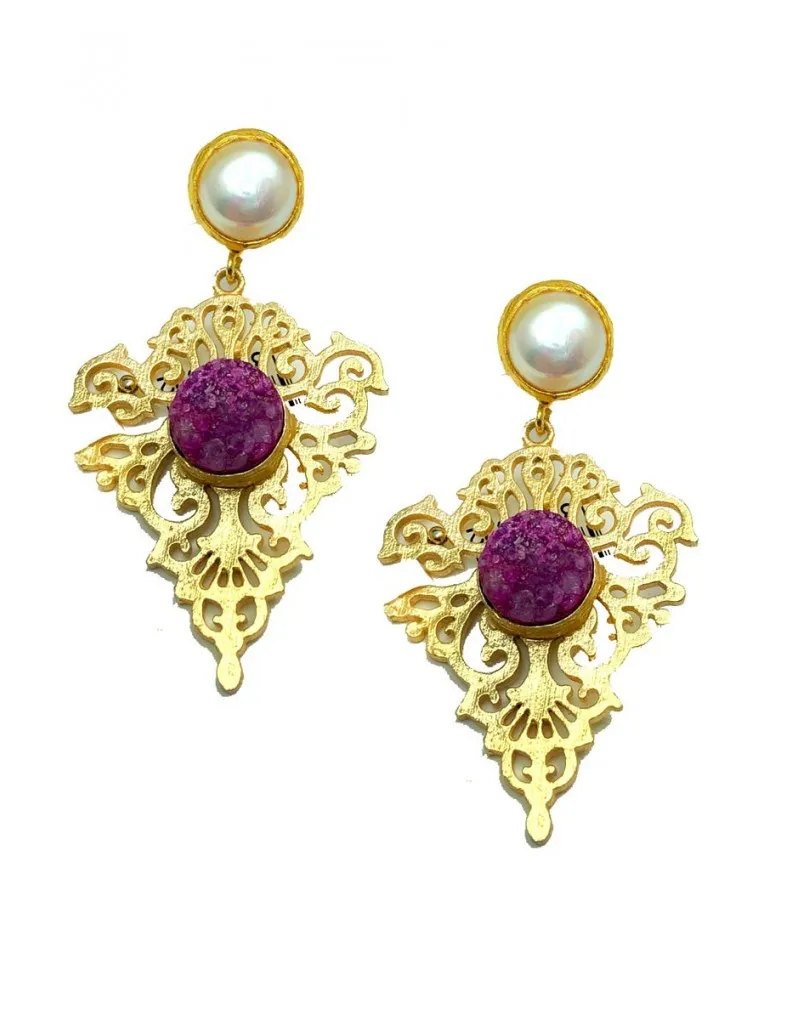 PENDIENTES MUJER DORADOS LARGOS FUCSIAS DISEÑO INDIO