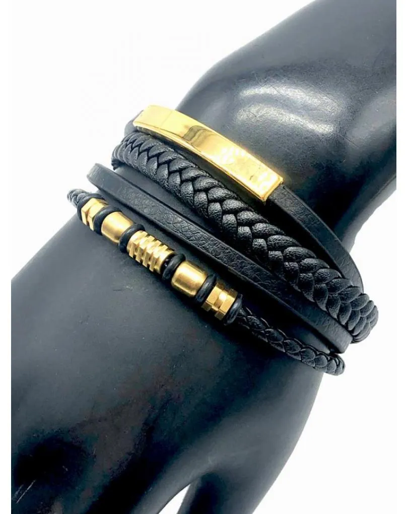 PULSERAS PARA HOMBRE NEGRAS Y DORADAS DE VARIAS HILERAS