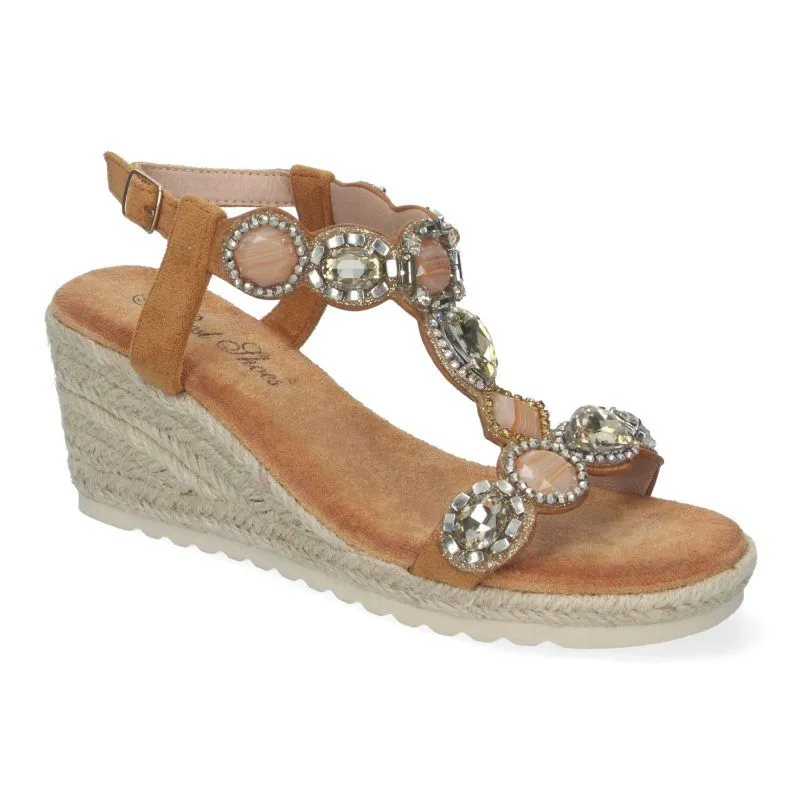 Sandalias de cuña camel para mujer adornos de pedrería WH-5Q13