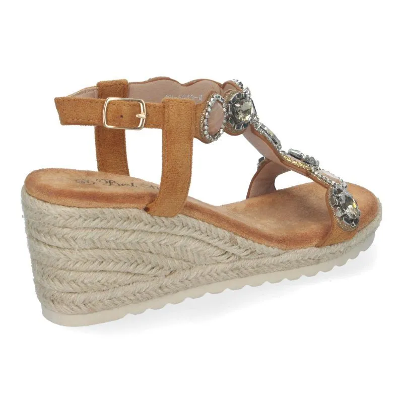 Sandalias de cuña camel para mujer adornos de pedrería WH-5Q13