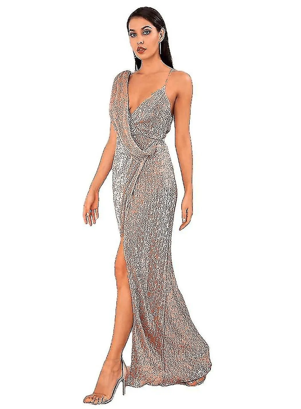 SEXY ROSE GOLD DEEP VNECK WHIT SPLIT SEQUINS PARTY MAXI DRESS