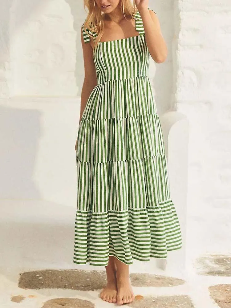 Summer Boho Dress Women Dots Striped Maxi Long Dresses Laddies Holiday Print Square Neck Sleeveless Dress For Women