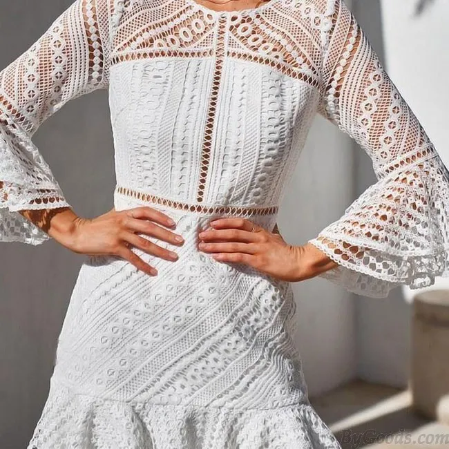 Sweet Hollow Long Sleeves Round Neck Ruffled Skirt Lace Summer Dress