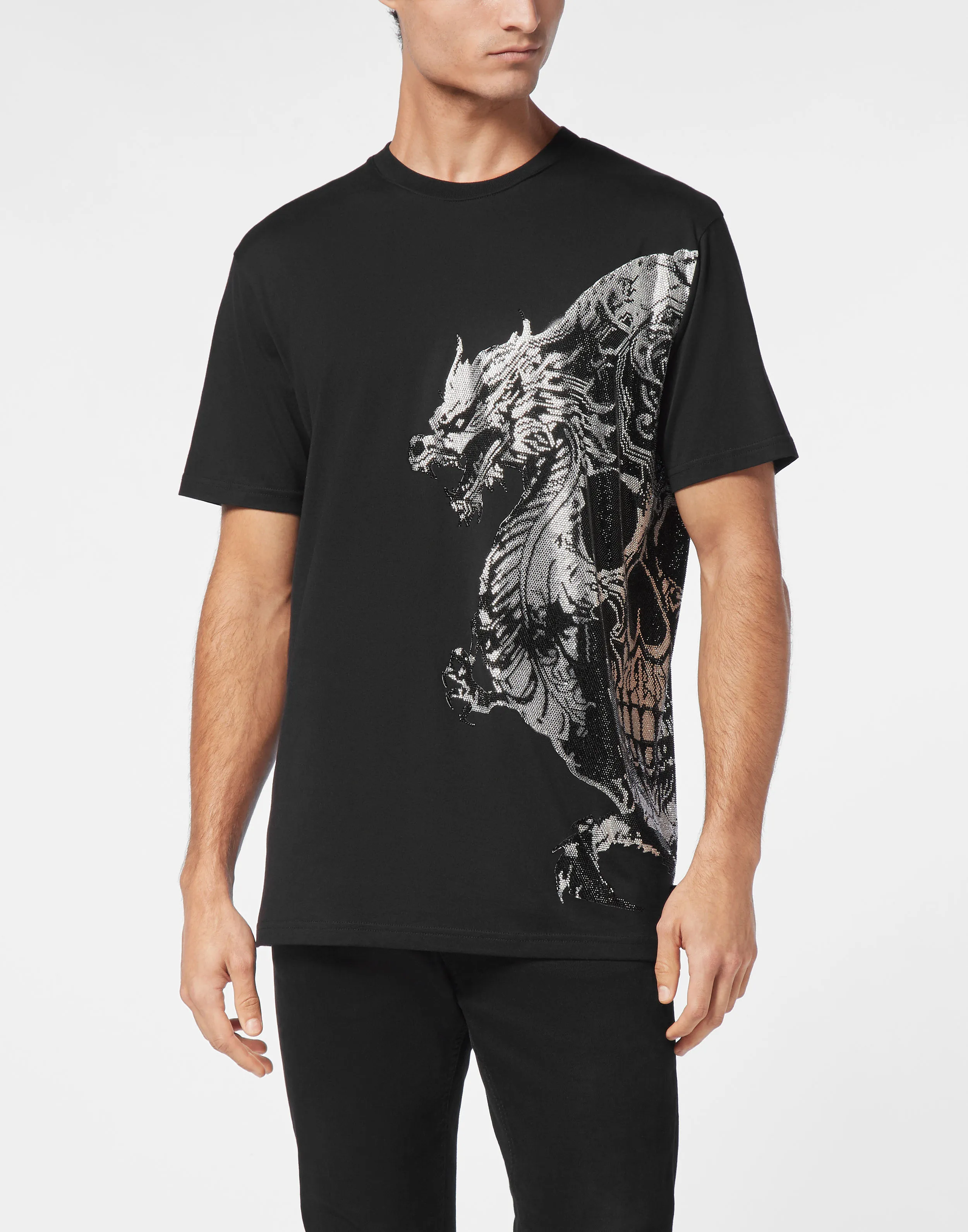 TSHIRT ROUND NECK SS DRAGON SKULL STRASS