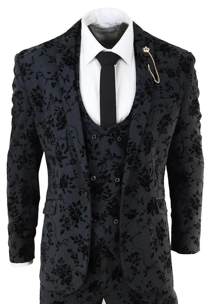 Traje de cena de terciopelo paisley negro para hombre de 3 piezas