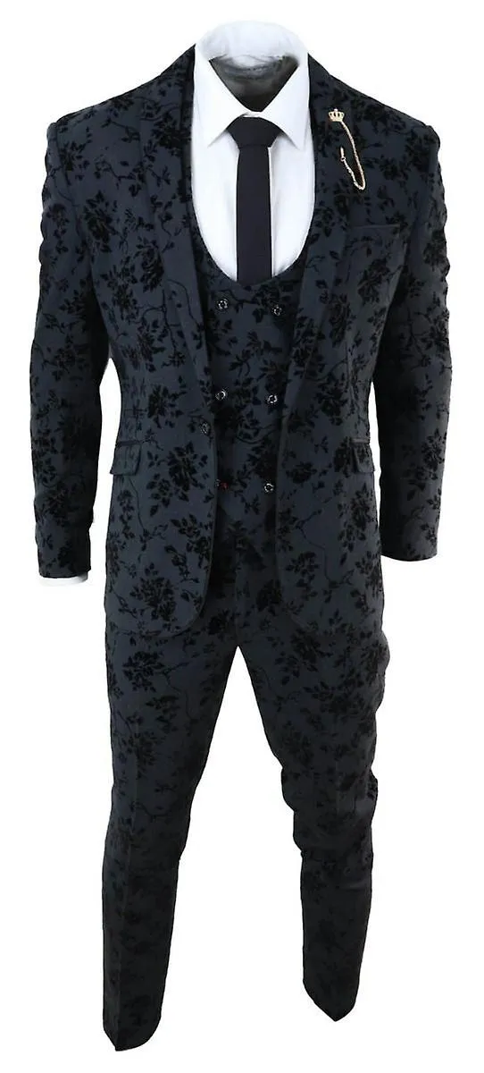 Traje de cena de terciopelo paisley negro para hombre de 3 piezas