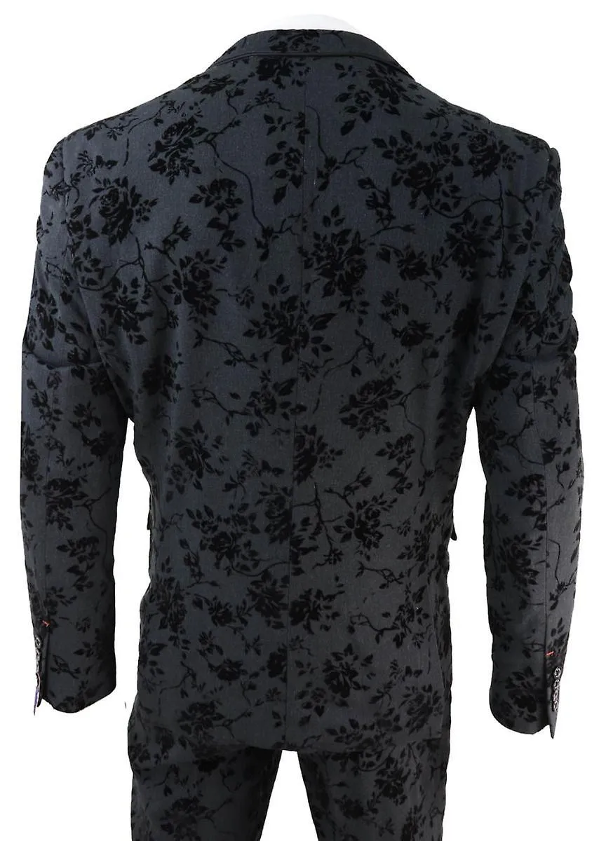 Traje de cena de terciopelo paisley negro para hombre de 3 piezas