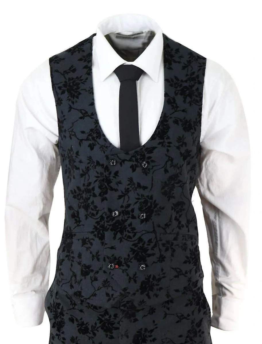 Traje de cena de terciopelo paisley negro para hombre de 3 piezas