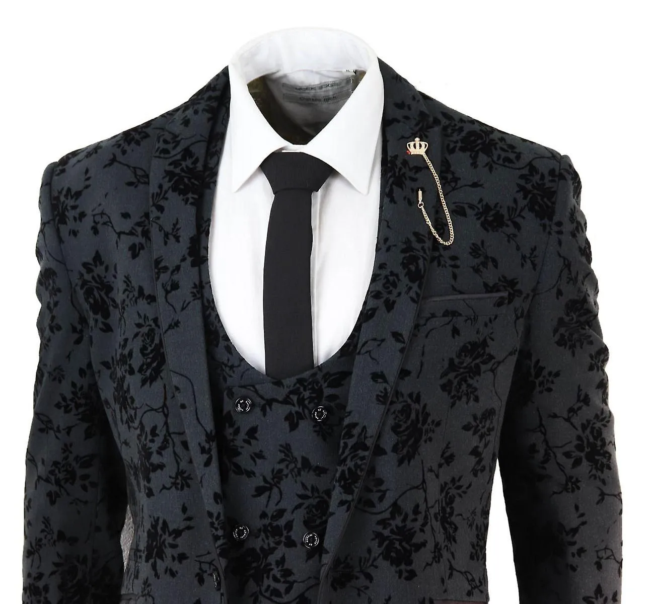 Traje de cena de terciopelo paisley negro para hombre de 3 piezas