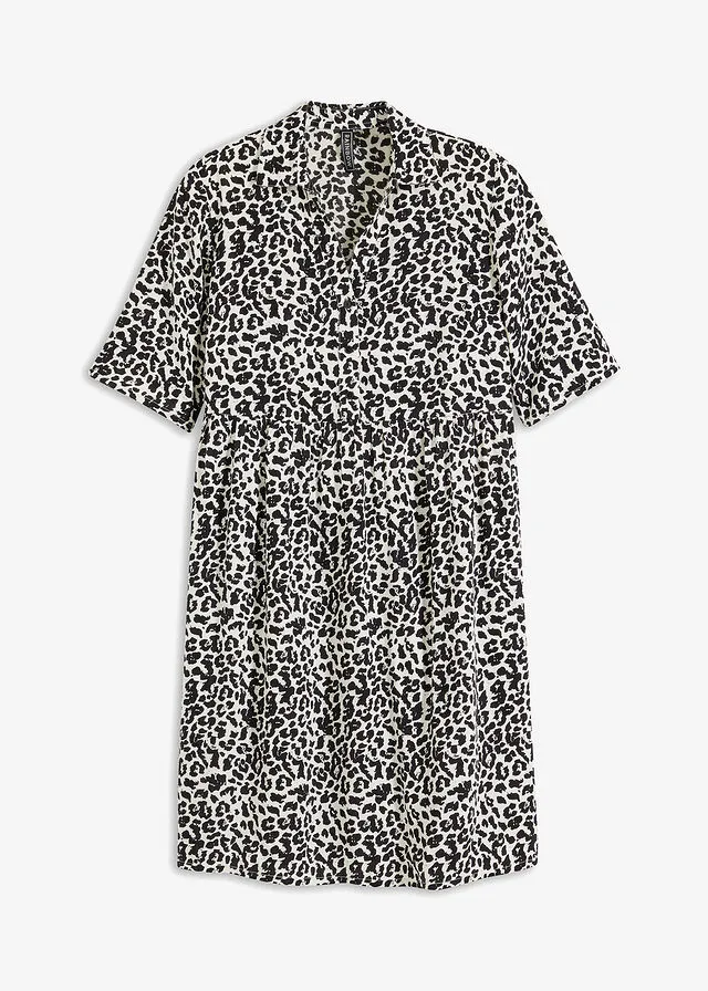 Vestido de viscosa sostenible Blanco lana/negro con estampado de leopardo