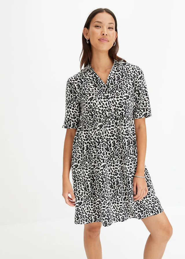 Vestido de viscosa sostenible Blanco lana/negro con estampado de leopardo