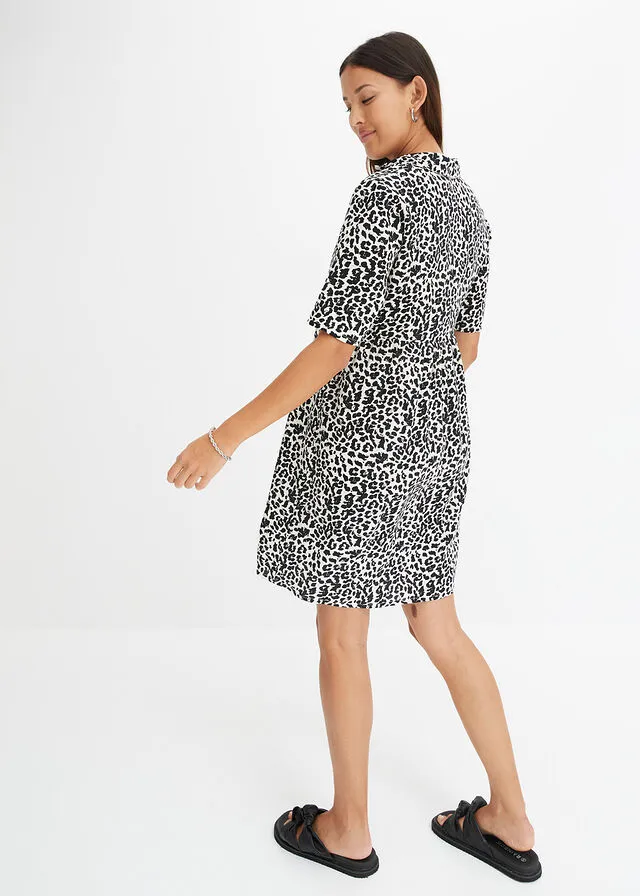 Vestido de viscosa sostenible Blanco lana/negro con estampado de leopardo