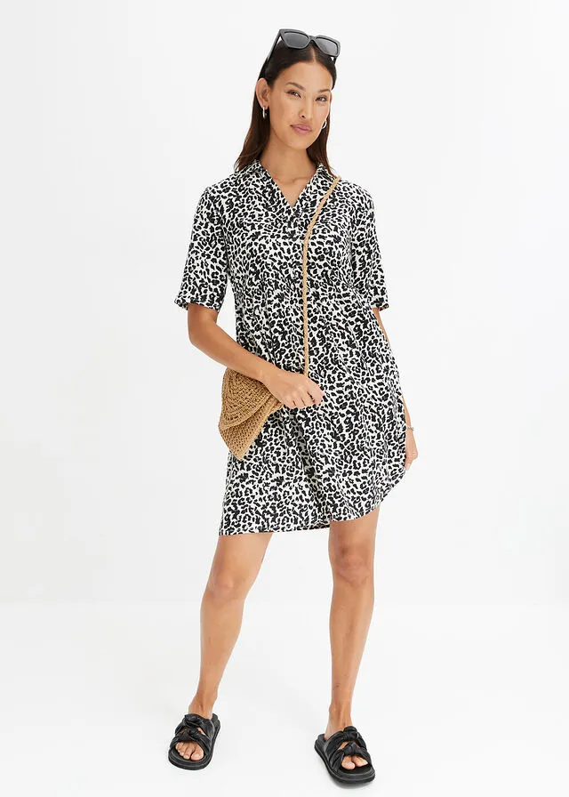 Vestido de viscosa sostenible Blanco lana/negro con estampado de leopardo