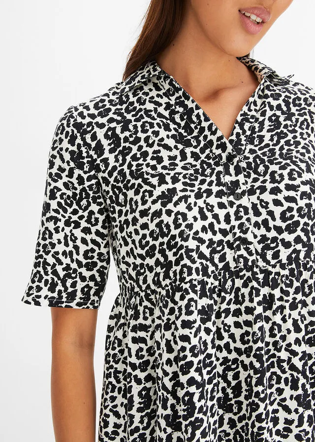 Vestido de viscosa sostenible Blanco lana/negro con estampado de leopardo