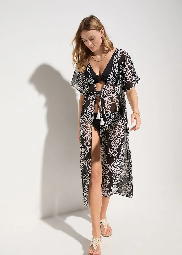 Vestido tipo kimono de gasa para la playa Negro-blanco